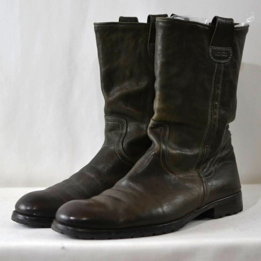 Rare KENZO Brownish Gray Made in Italy Leather Pull On Cowboy Boots 43 EU 10 US